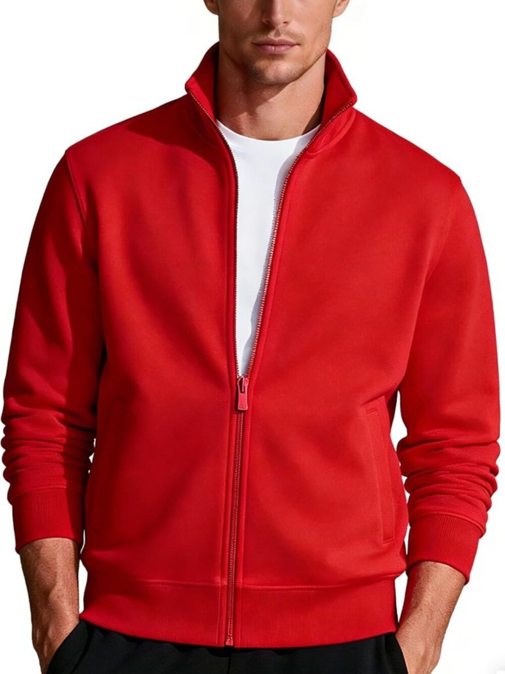 Men's Lightweight Full Zip Sweatshirt - Mock Neck Fleece Jacket with Side